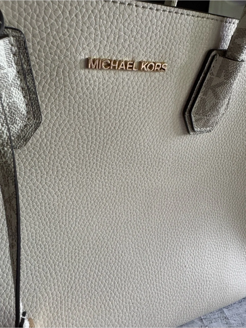 Michael Kors Cream Pebbled Leatherette Tote Satchel MK Signature Trim Zip Top